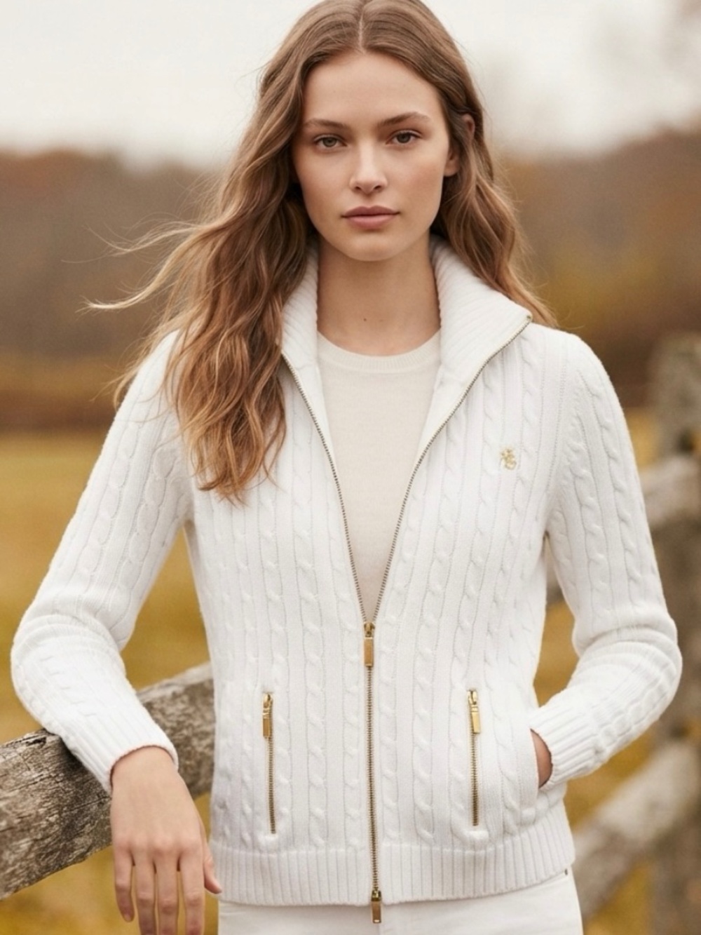 Lauren Ralph Lauren White Cable Knit 100% Cotton Zip Cardigan Sweater-S